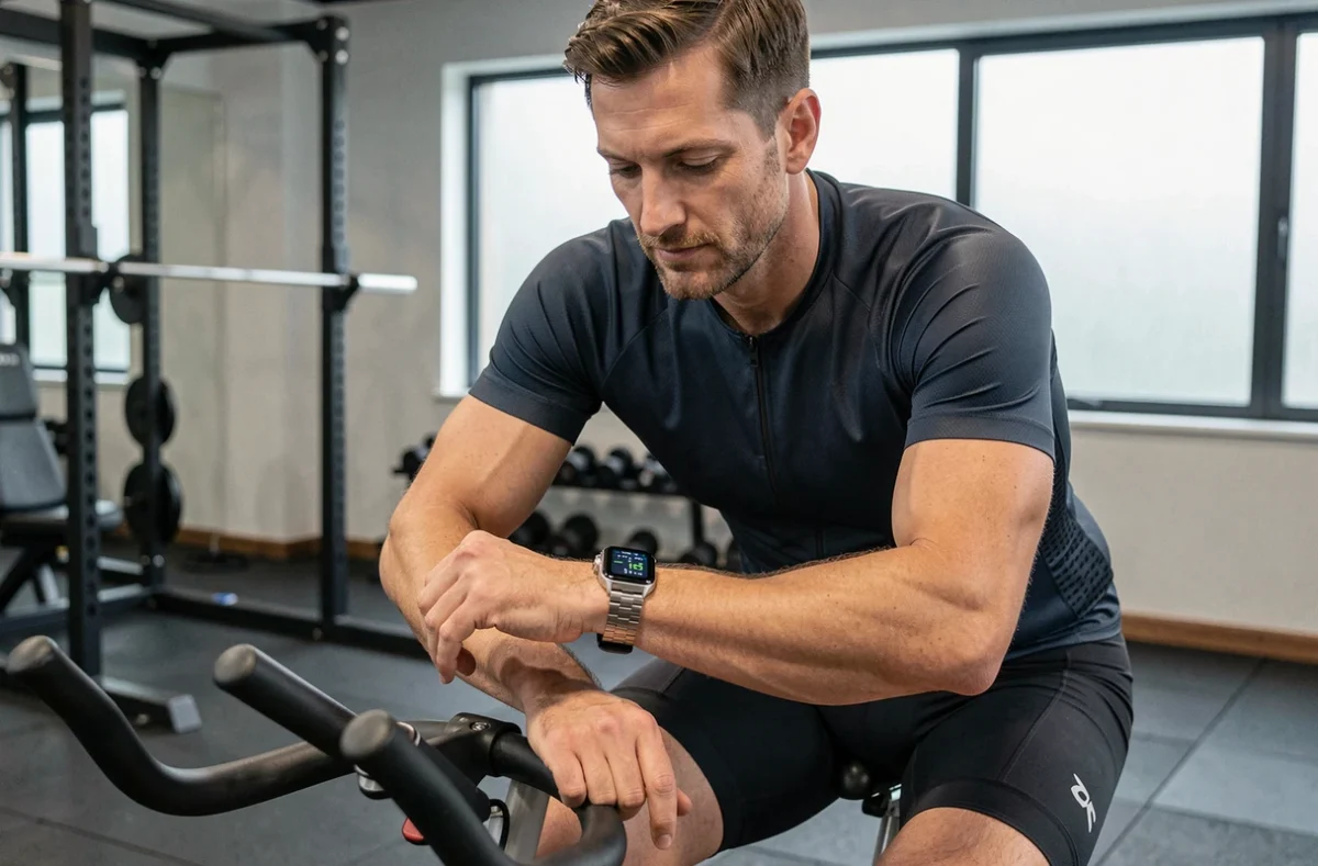 Cycliste consultant les données de sa montre connectée sur un vélo d'appartement en salle de sport