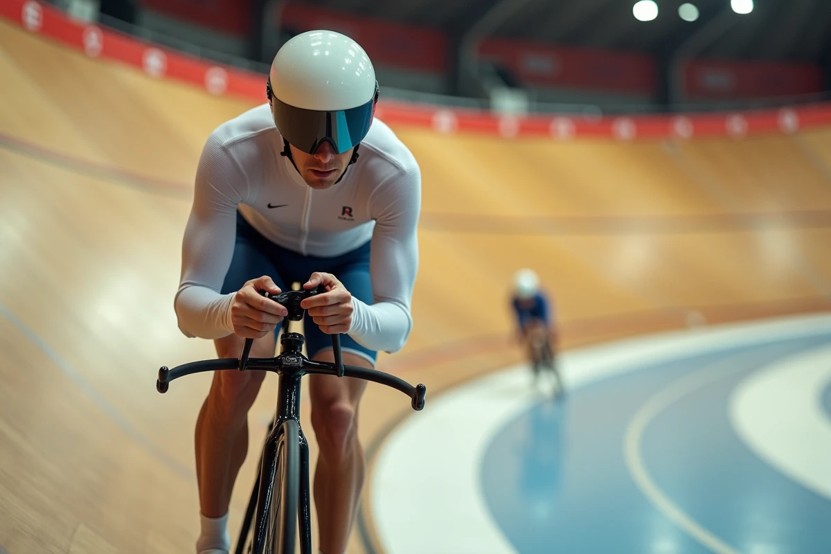 Cycliste paralympique en handcycle sur la piste d'un vélodrome lors d'un contre-la-montre de record du monde
