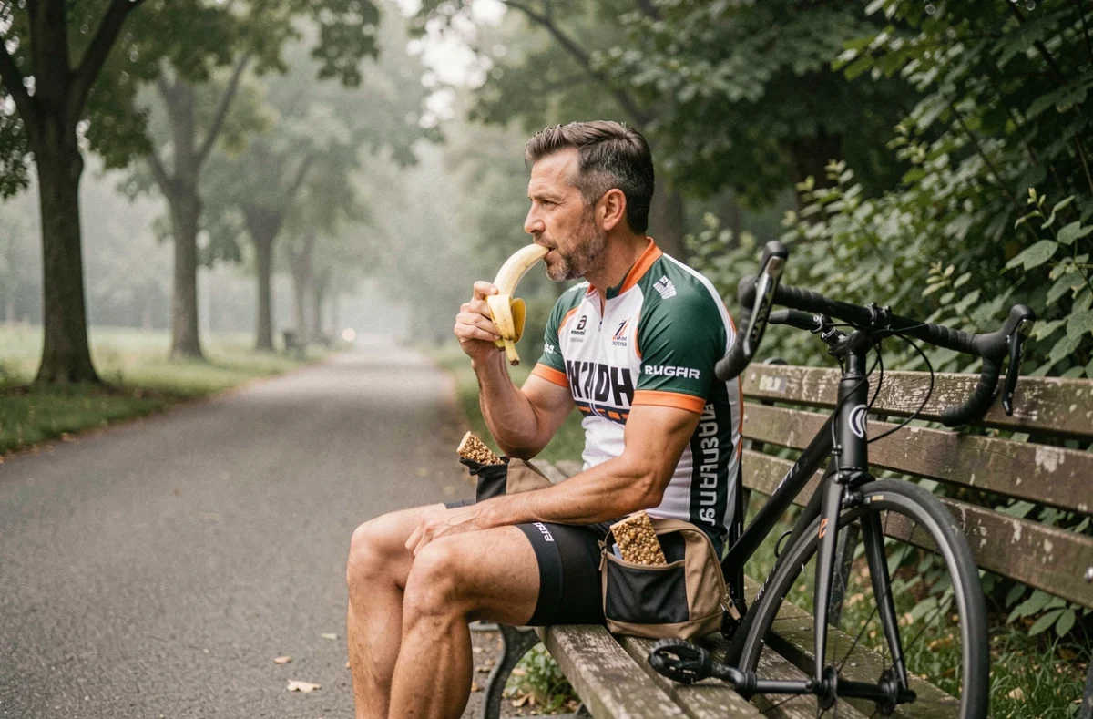 Cycliste mangeant une banane sur un banc de parc avant une sortie vélo en plein air