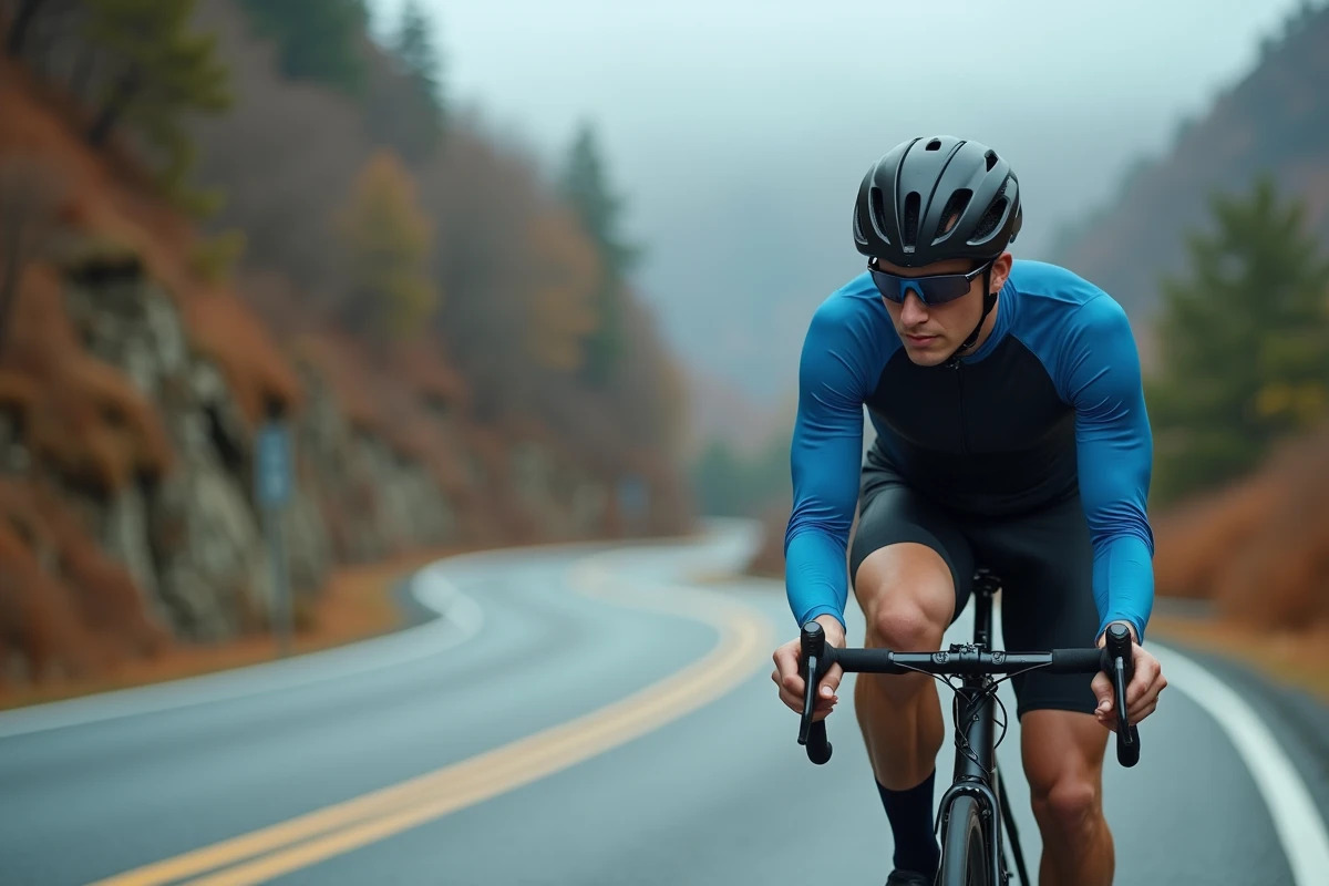 Cycliste solitaire sur une route de montagne, représentant le dépassement de soi dans les sports individuels
