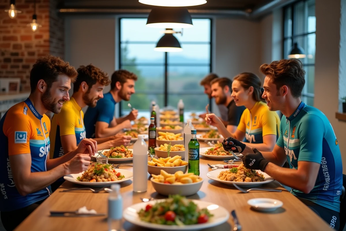 Groupe de cyclistes professionnels partageant un repas riche en glucides dans une salle de restauration d'équipe après une course