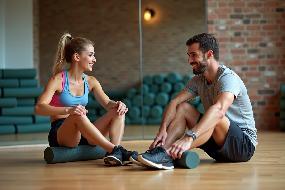 Deux coureurs pratiquant le foam rolling sur les mollets dans un studio de récupération sportive moderne