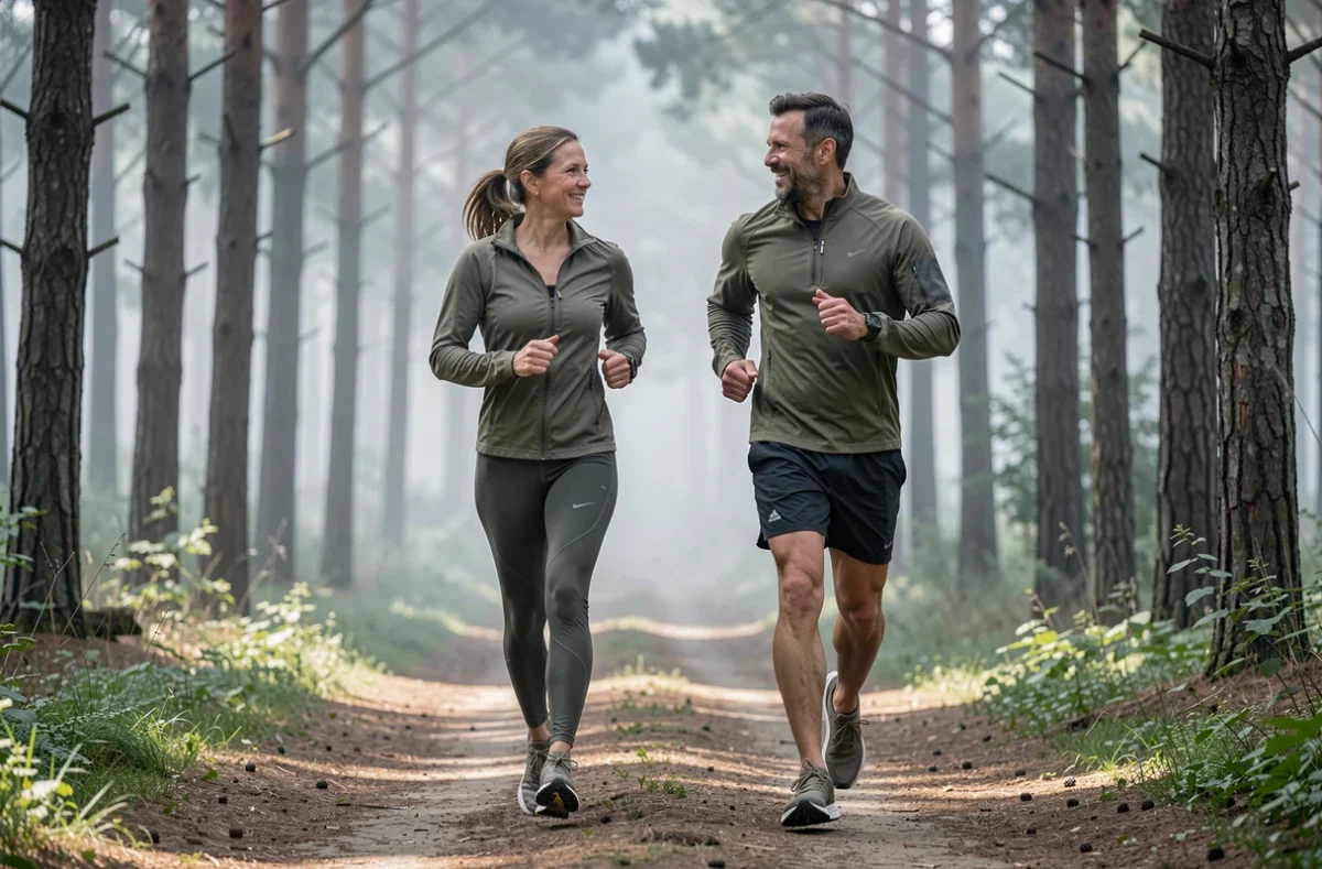 Deux coureurs qui trottent en forêt à un rythme modéré pour optimiser la dépense calorique et favoriser la perte de poids