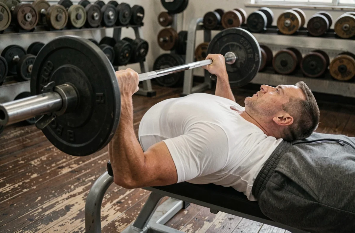 Homme effectuant un développé couché avec barre sur un banc plat dans une salle de musculation