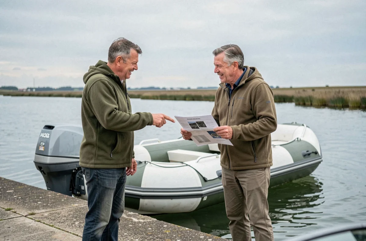 Deux passionnés de semi-rigides discutant des caractéristiques d'un hors-bord sur une cale de mise à l'eau