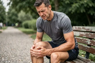Coureur assis sur un banc tenant son genou douloureux après une séance de course en plein air
