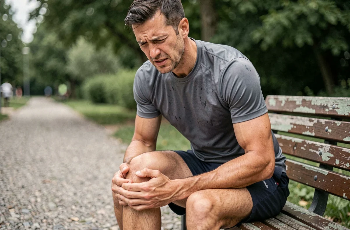 Coureur assis sur un banc tenant son genou douloureux après une séance de course en plein air