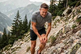 Coureur de trail tenant son genou externe douloureux lors d'une descente rocheuse en montagne
