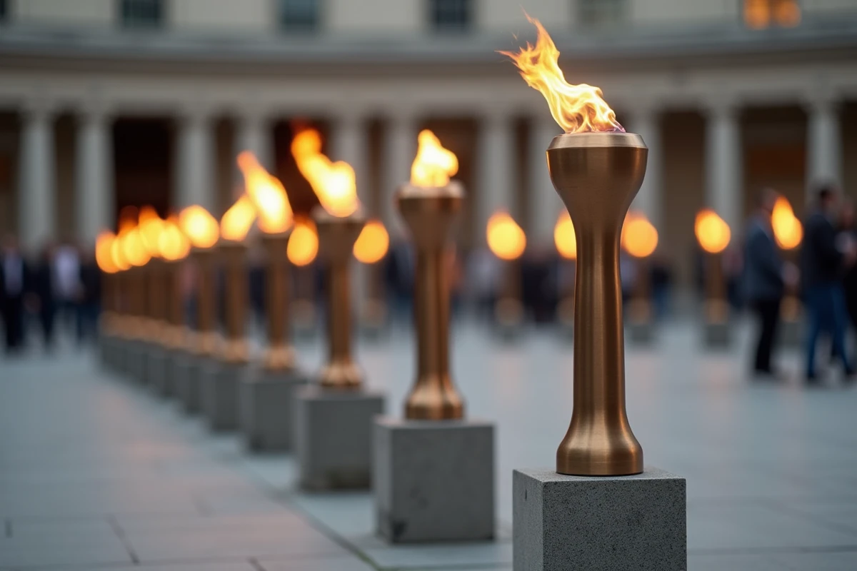Douze flammes paralympiques disposées en cercle sur des socles en pierre lors d'une cérémonie officielle en plein air