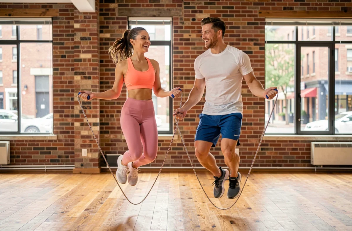 Deux amis sautant à la corde ensemble dans une salle de fitness avec parquet en bois et murs en briques apparentes