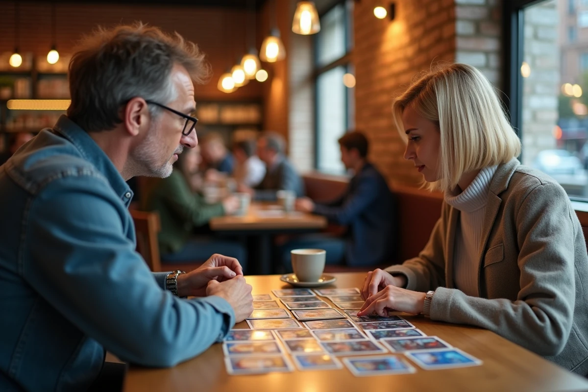 Deux collectionneurs comparant et échangeant des cartes rares dans un café urbain