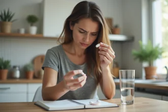 Femme examinant une capsule d'acides aminés dans une cuisine, illustrant les questions sur les effets secondaires des suppléments