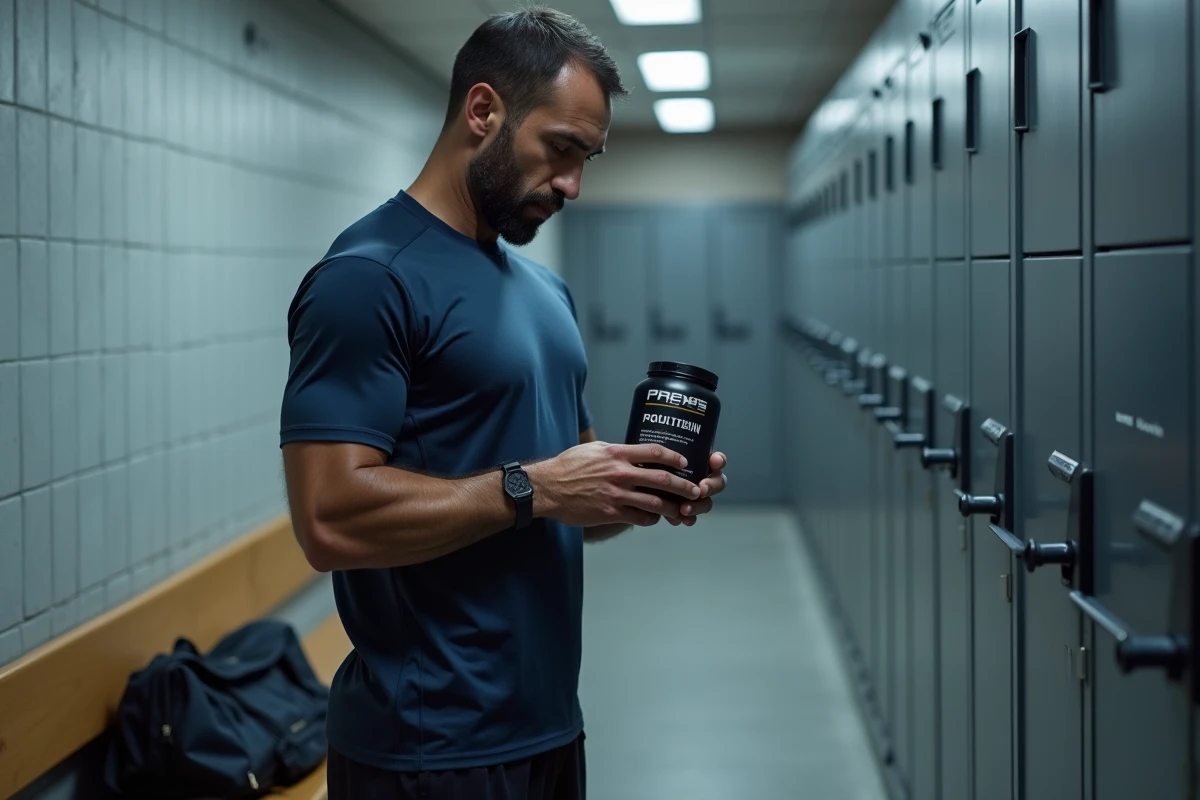 Sportif lisant l'étiquette d'un complément d'acides aminés en salle de sport, thème des effets indésirables des suppléments protéinés
