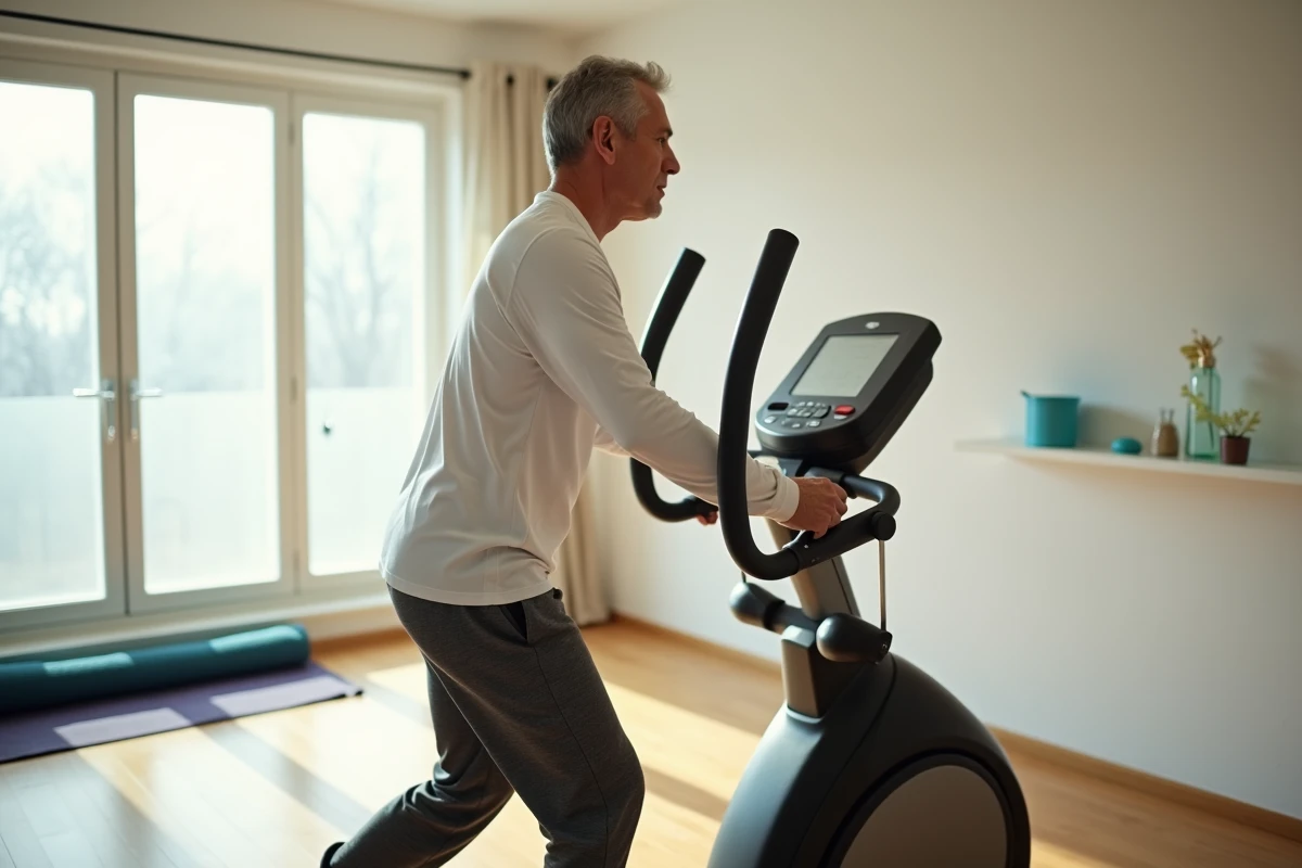 Personne utilisant un vélo elliptique à domicile pour travailler l'ensemble du corps