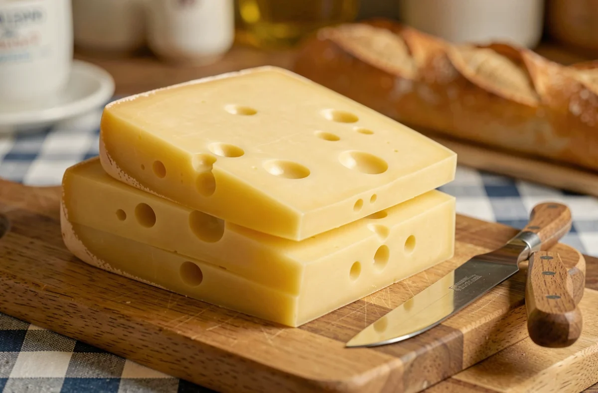 Tranches d'emmental avec ses trous caractéristiques posées sur une planche en bois