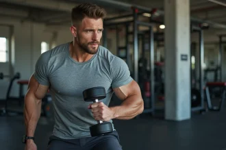 Homme musclé effectuant des curls avec haltères dans une salle de sport moderne, illustrant l'entraînement quotidien des bras