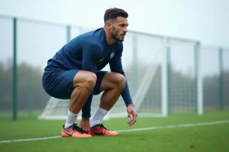 Joueur de football effectuant des sauts explosifs lors d'un entraînement physique intensif sur un terrain de foot naturel