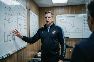Entraîneur de football présentant ses choix tactiques dans le vestiaire avant le match PSG-OM