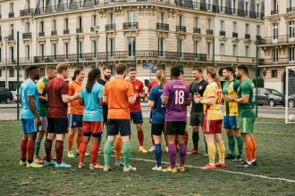 Équipe amateur de football parisienne réunie sur un terrain public du quartier avant un match