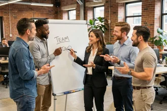 Équipe de collègues discutant des valeurs du groupe autour d'un tableau blanc dans un bureau moderne