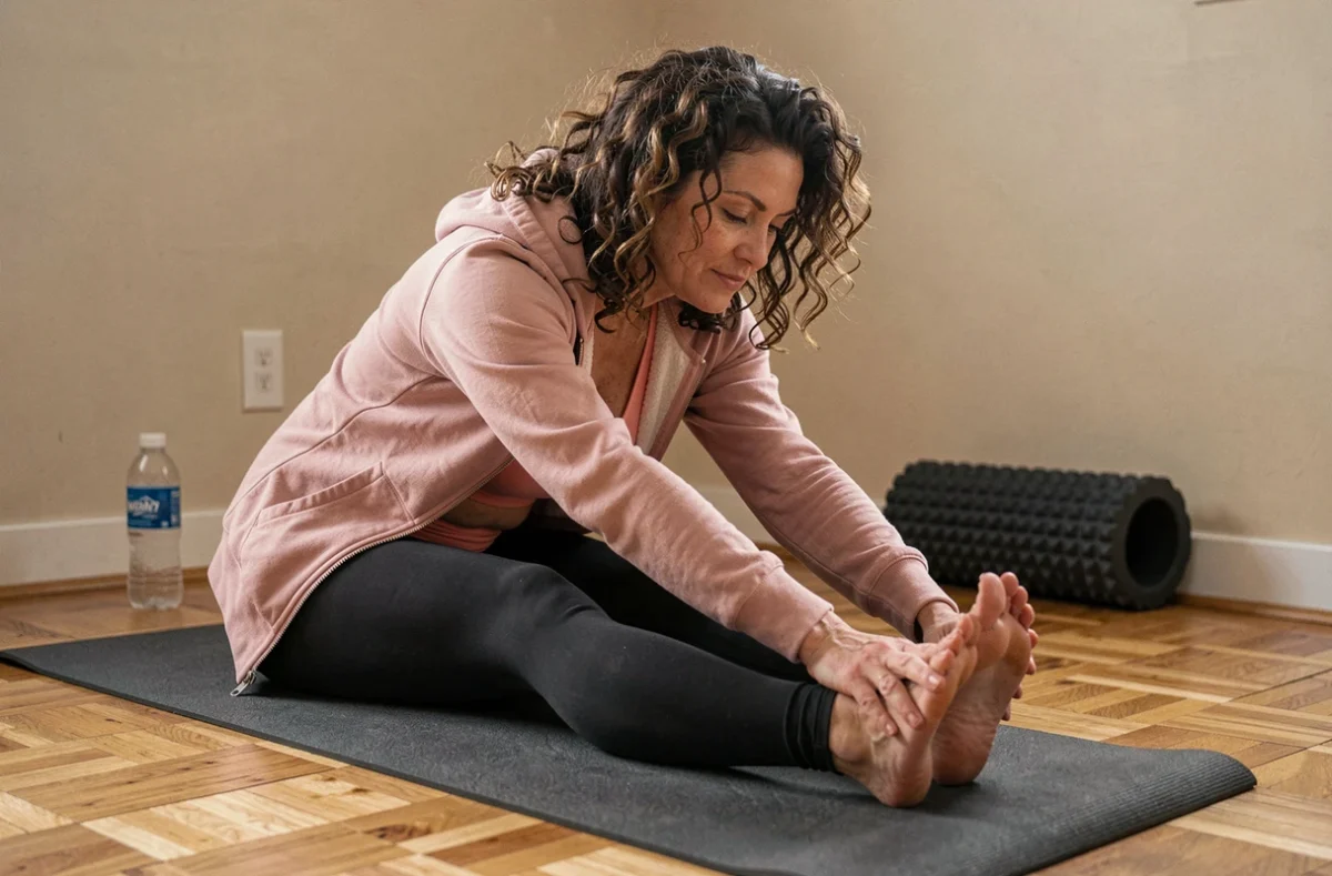 Femme étirant ses mollets sur un tapis de yoga dans un espace fitness à domicile
