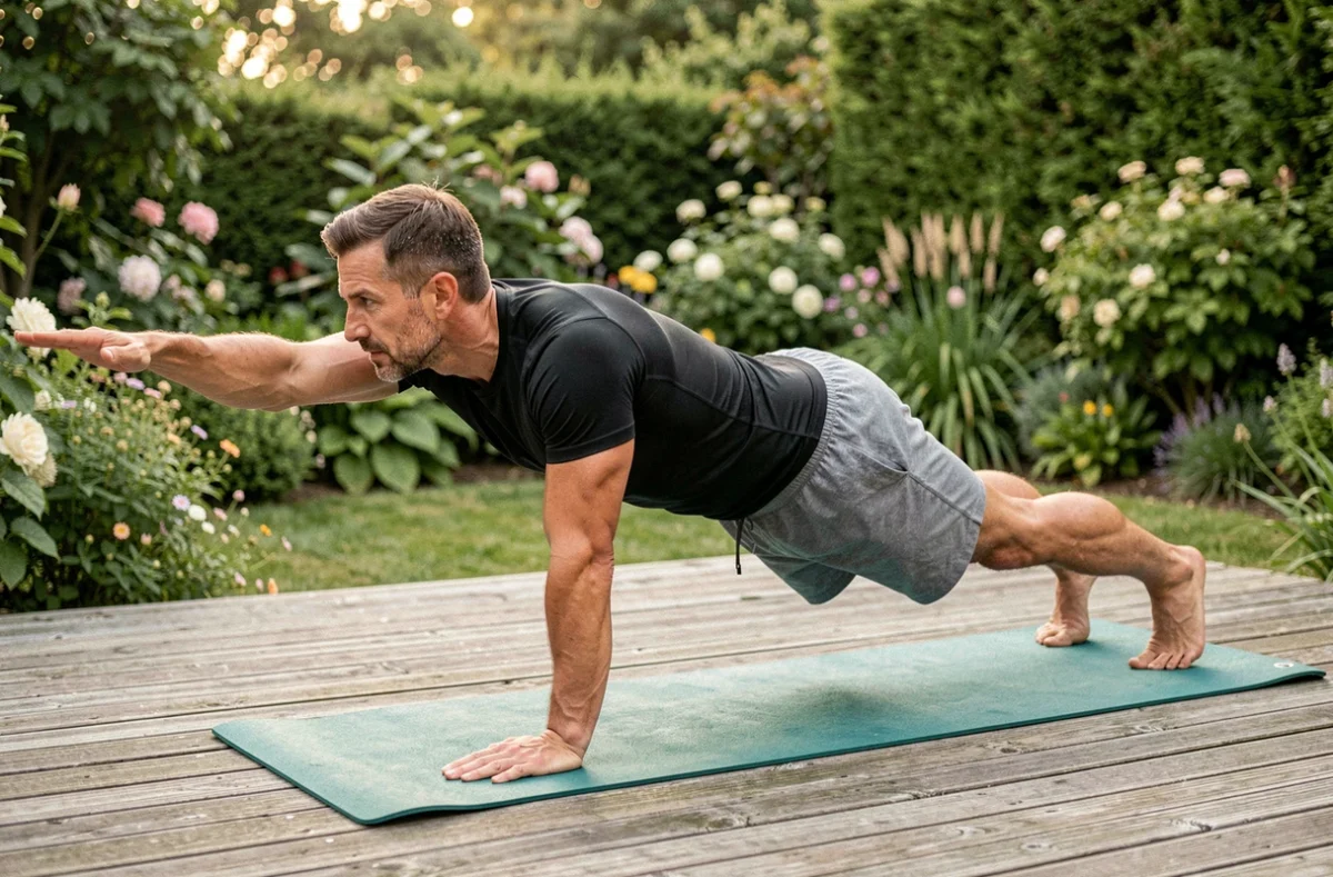 Homme réalisant l'exercice bird dog pour renforcer les abdominaux transverses sur une terrasse en bois extérieure