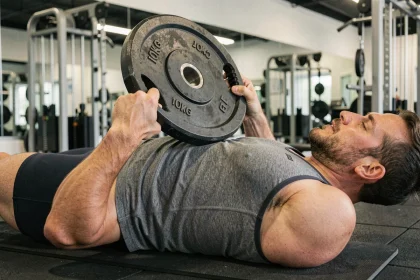 Homme effectuant un crunch avec poids en salle de sport, abdominaux contractés tenant une plaque de musculation sur la poitrine