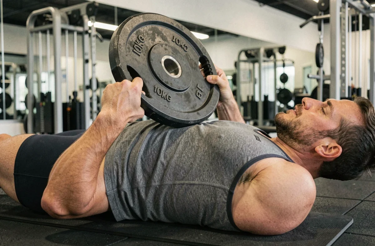 Homme effectuant un crunch avec poids en salle de sport, abdominaux contractés tenant une plaque de musculation sur la poitrine