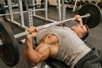 Homme musclé effectuant un développé couché avec haltère long sur un banc de musculation dans une salle de sport équipée