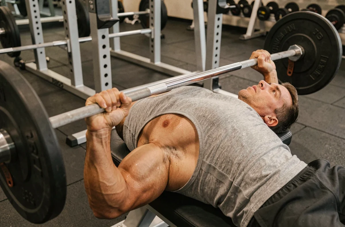 Homme musclé effectuant un développé couché avec haltère long sur un banc de musculation dans une salle de sport équipée