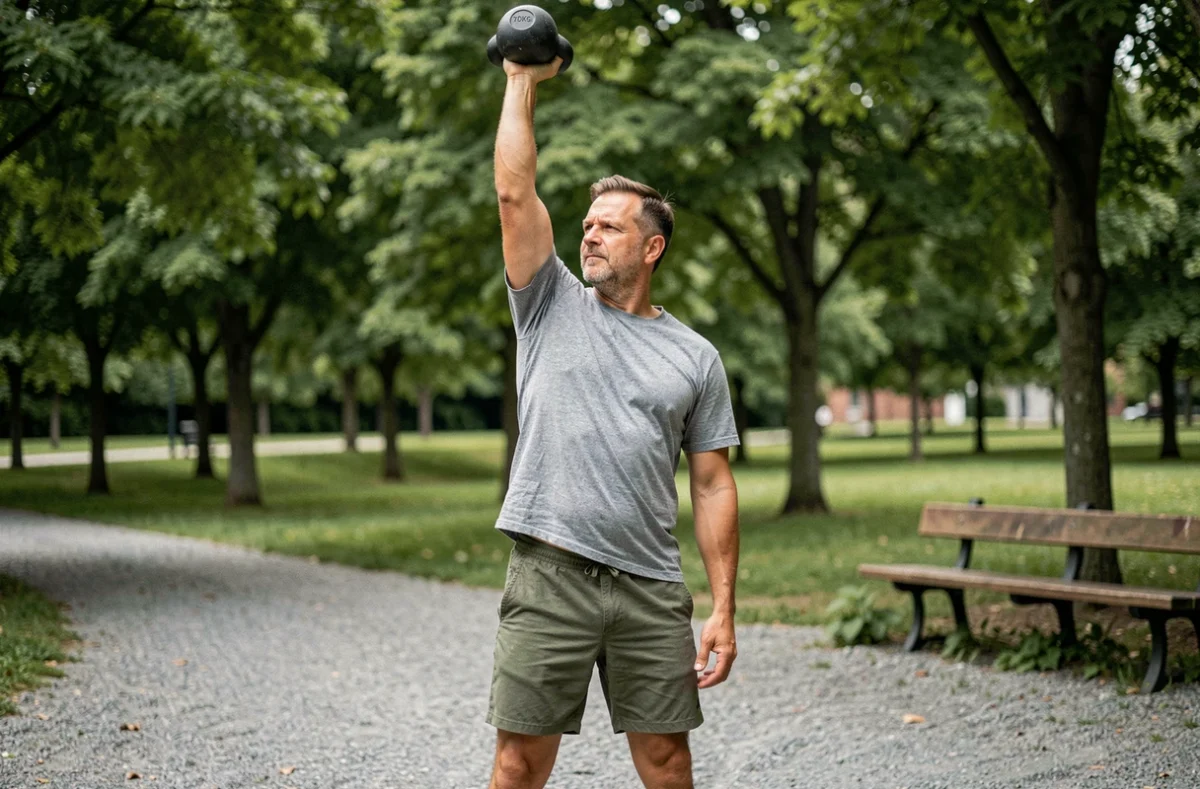 Homme effectuant un kettlebell clean and press en plein air dans un parc urbain