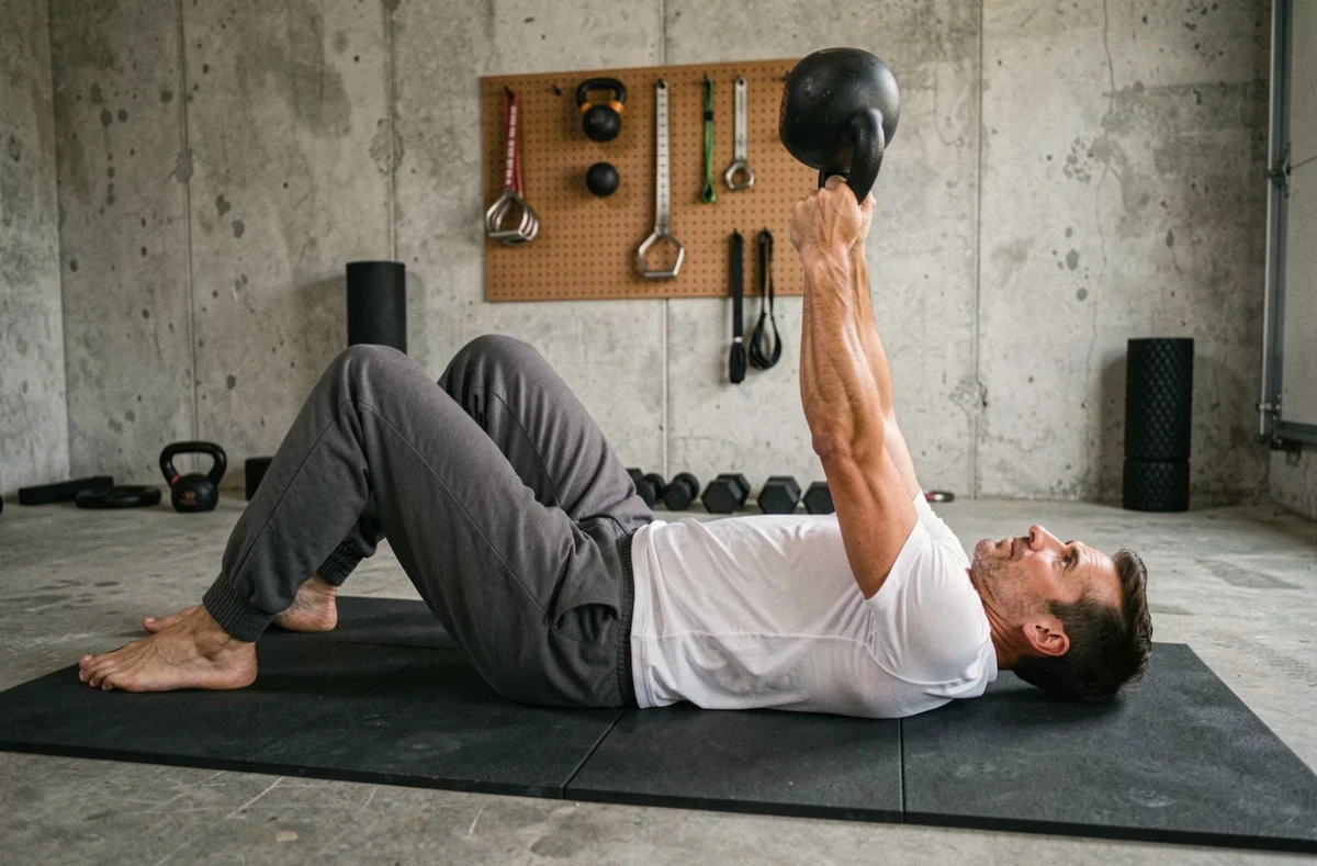 Homme réalisant un Turkish get-up avec une kettlebell dans un garage aménagé en salle de sport