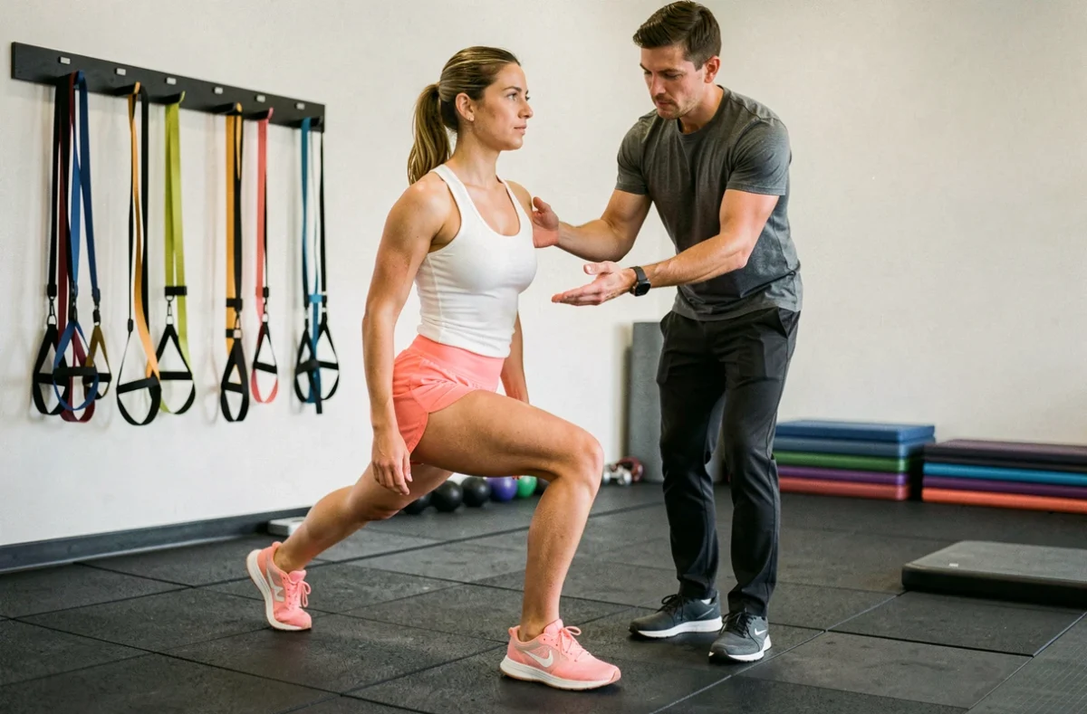 Femme réalisant un exercice de rééducation du genou interne sous la supervision d'un physiothérapeute en salle de sport