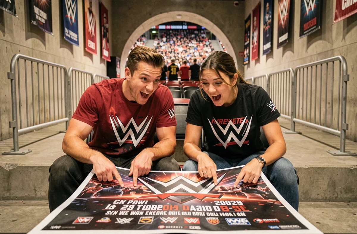 Deux fans de catch WWE étudiant le programme des événements 2026 sur une affiche dans le couloir d'une arène sportive