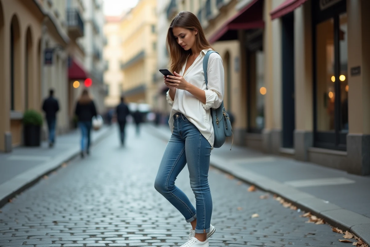 Jeune femme en baskets blanches casual portées avec un jean en milieu urbain, illustrant l'usage lifestyle des sneakers