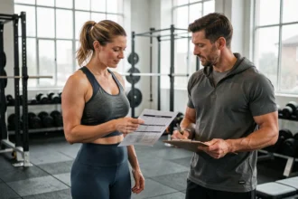 Femme consultant un coach sportif en salle de gym pour trouver un sport adapté à son niveau
