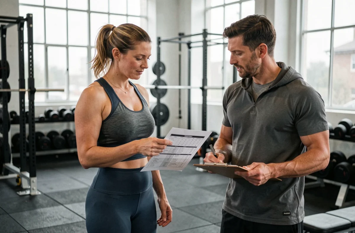 Femme consultant un coach sportif en salle de gym pour trouver un sport adapté à son niveau