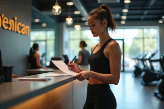 Femme en tenue de sport qui examine un contrat d'abonnement de salle de sport à l'accueil
