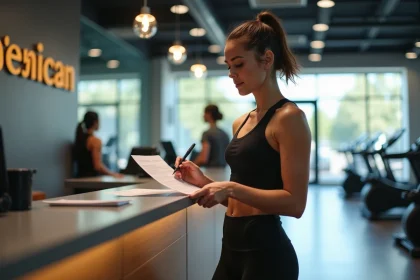 Femme en tenue de sport qui examine un contrat d'abonnement de salle de sport à l'accueil