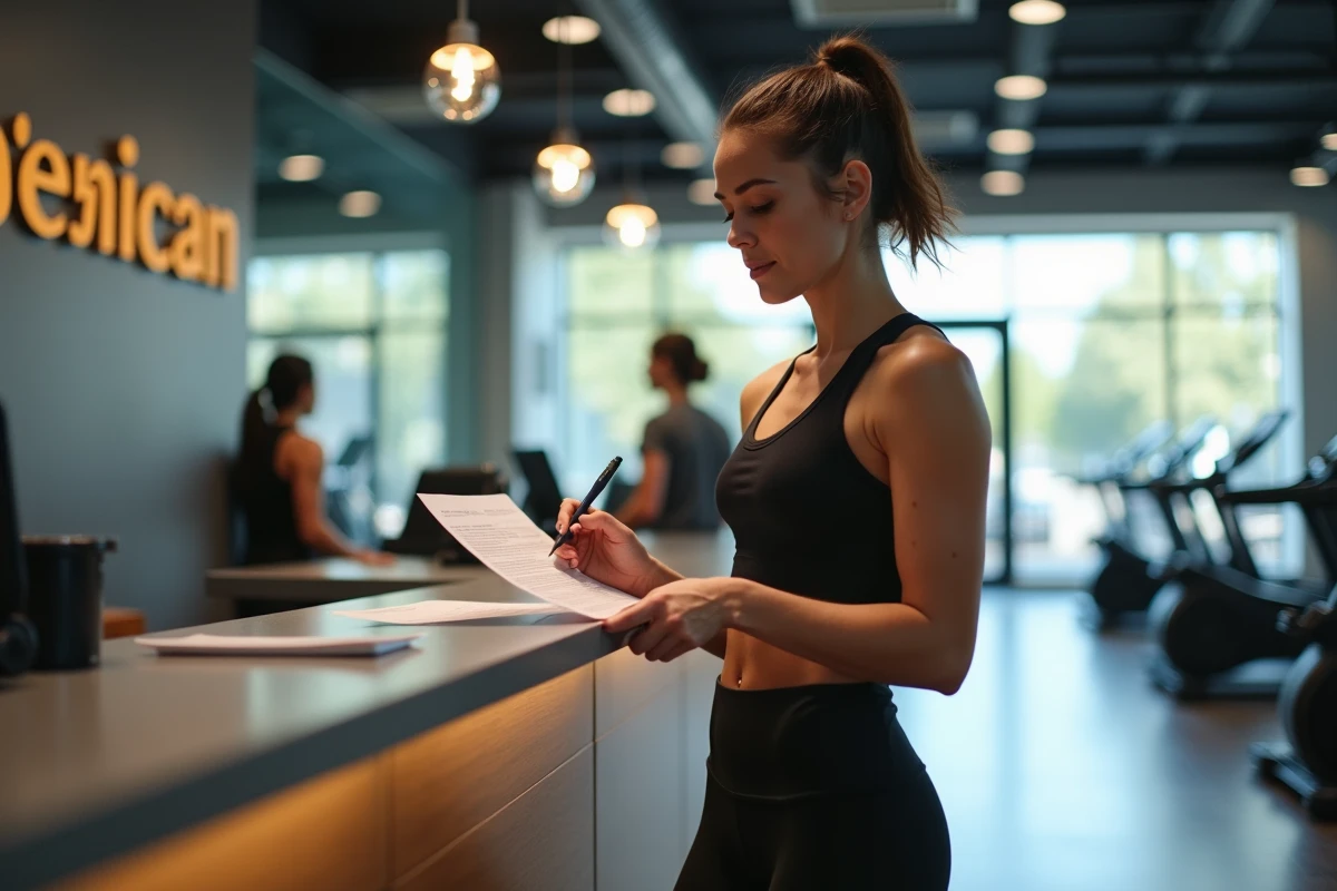 Femme en tenue de sport qui examine un contrat d'abonnement de salle de sport à l'accueil