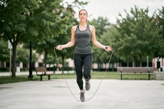 Femme faisant de la corde à sauter dans un parc urbain, vue en pied capturant le saut en plein mouvement