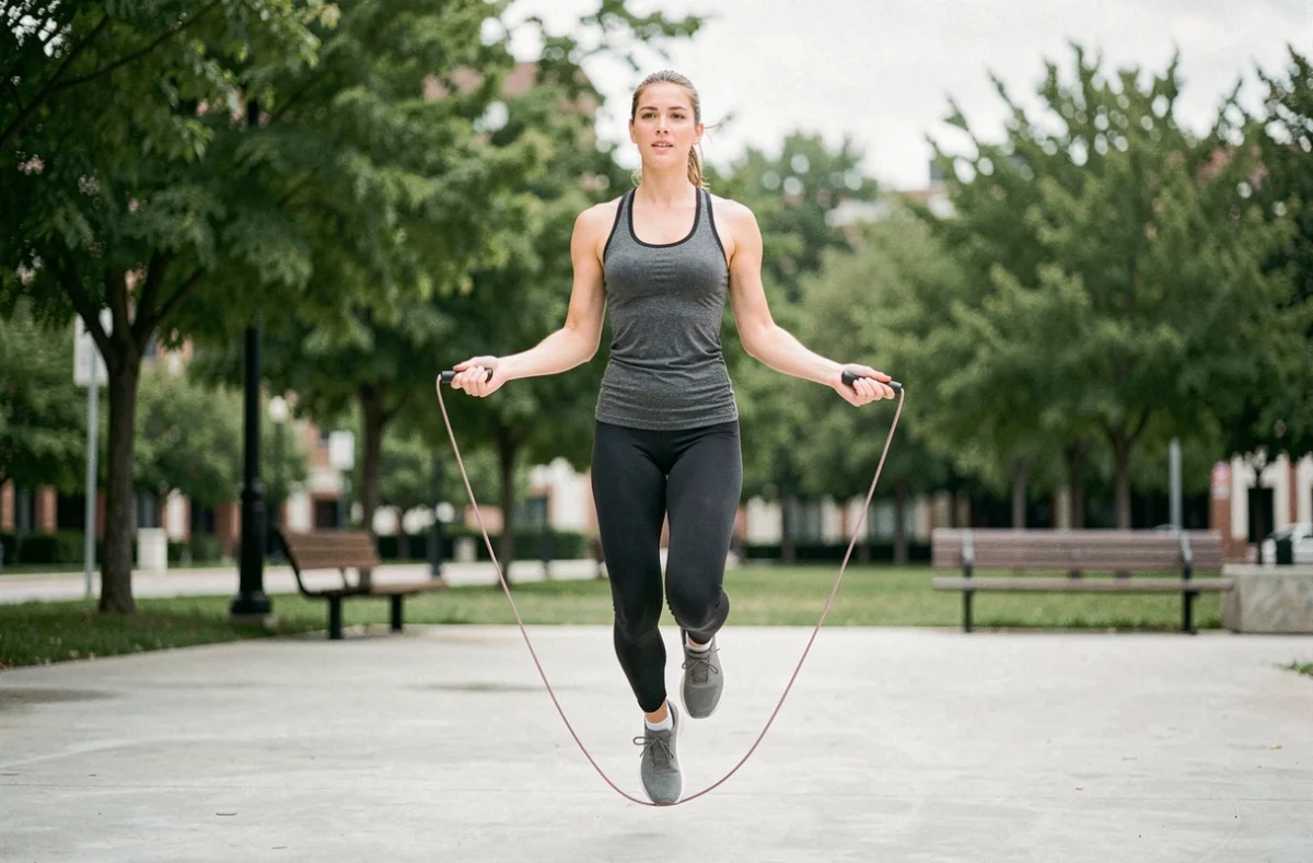 Femme faisant de la corde à sauter dans un parc urbain, vue en pied capturant le saut en plein mouvement