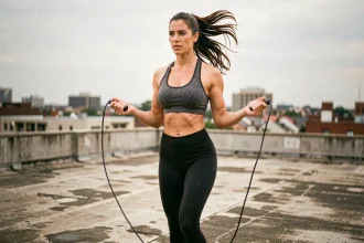 Femme sportive en train de sauter à la corde sur un toit urbain, exercice cardio en plein air
