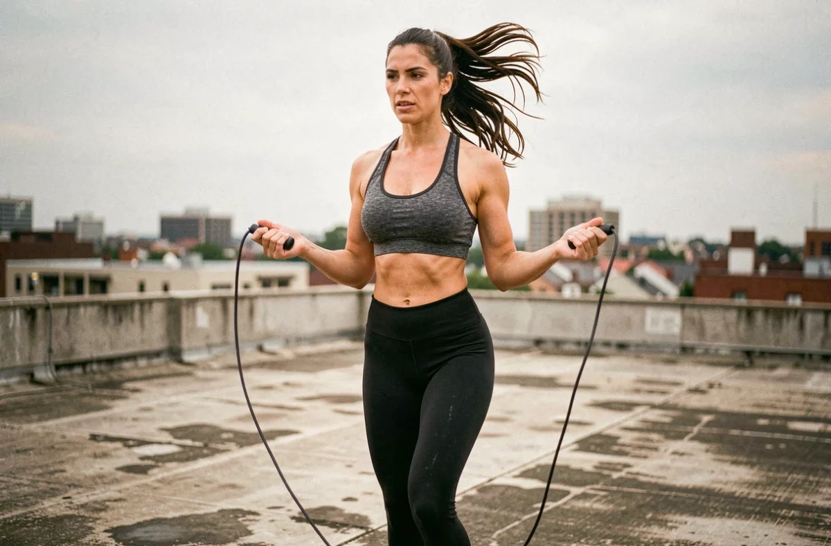 Femme sportive en train de sauter à la corde sur un toit urbain, exercice cardio en plein air