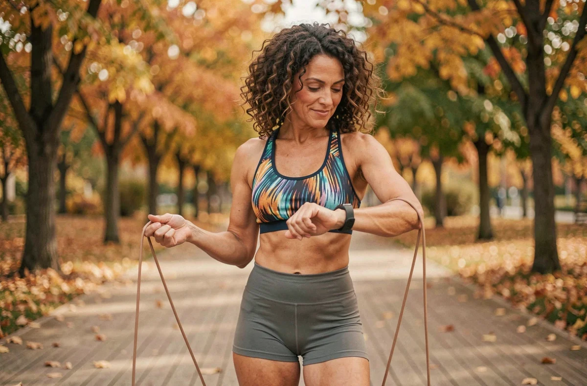 Femme consultant sa montre connectée après une session de corde à sauter dans un parc en automne
