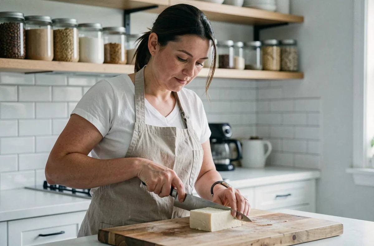 Femme en tablier de lin qui coupe du tofu ferme sur une planche en bois dans une cuisine moderne, avec des bocaux de légumineuses en arrière-plan