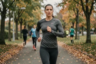 Femme coureuse en plein effort sur un sentier de parc urbain en automne, illustrant un temps de course 10 km intermédiaire