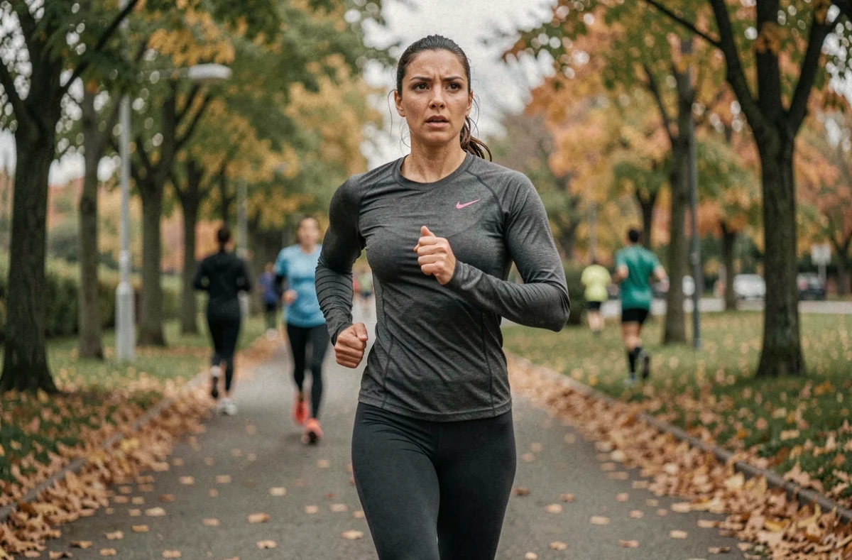 Femme coureuse en plein effort sur un sentier de parc urbain en automne, illustrant un temps de course 10 km intermédiaire