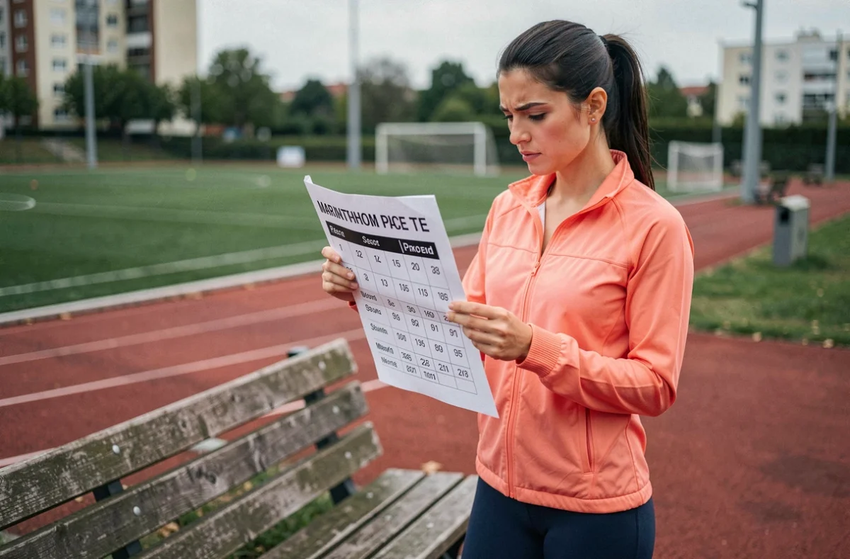 Femme coureuse consultant un tableau de conversion de vitesse marathon avec allures en min/km