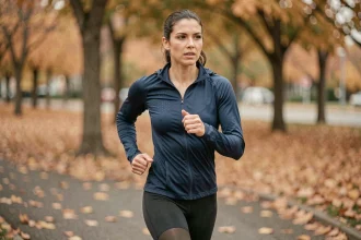 Femme qui court en parc urbain à allure soutenue pour atteindre 10 km en 50 minutes